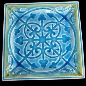 Roscher LORELEI Blue Green Moroccan Embossed 10 5/8” Square Dinner Plate-crazing